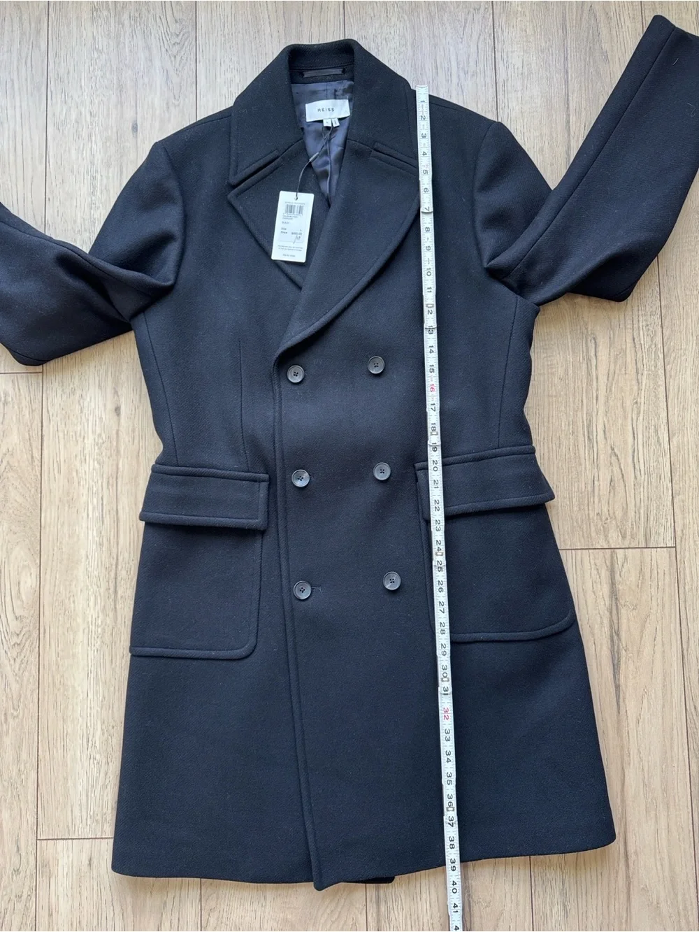 Reiss Caleb Military Overcoat Black Double Breasted Wool Blend Coat Men L NWT